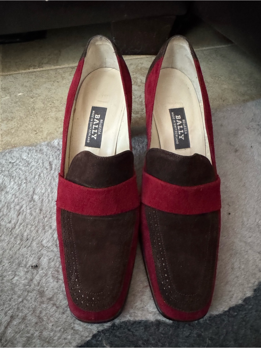 Vintage Bally Two-Tone Suede Penny Loafers in Red and Brown